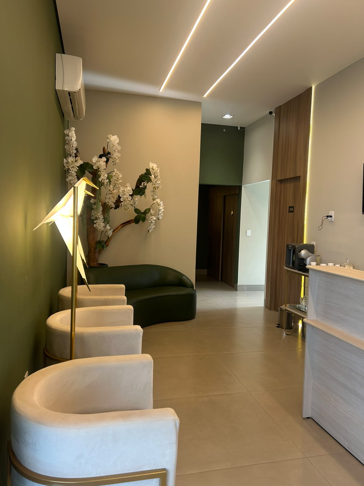 Sala de espera da Extreme Odontologia com poltronas claras, sofá verde, luminária dourada e arranjo de orquídeas brancas